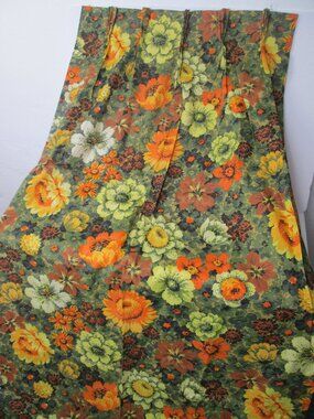 Vintage 60s MCM Pinch Pleat Curtain Pair Rich Bold Orange/Green Floral 24"x82"